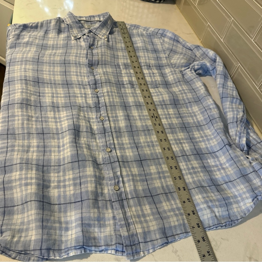 Peter Millar Men’s 100% Linen Shirt Size XL Blue Plaid Button Up Long Sleeve - Picture 7 of 10